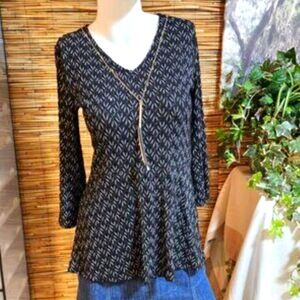 Dana Buchman Large Women's Boho Black & Tan V-Neck Bell Sleeve Tunic Blouse